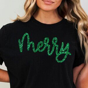 New Sparkly Glitter Merry Christmas Holiday Tee Shirt for Women, Christmas Gifts